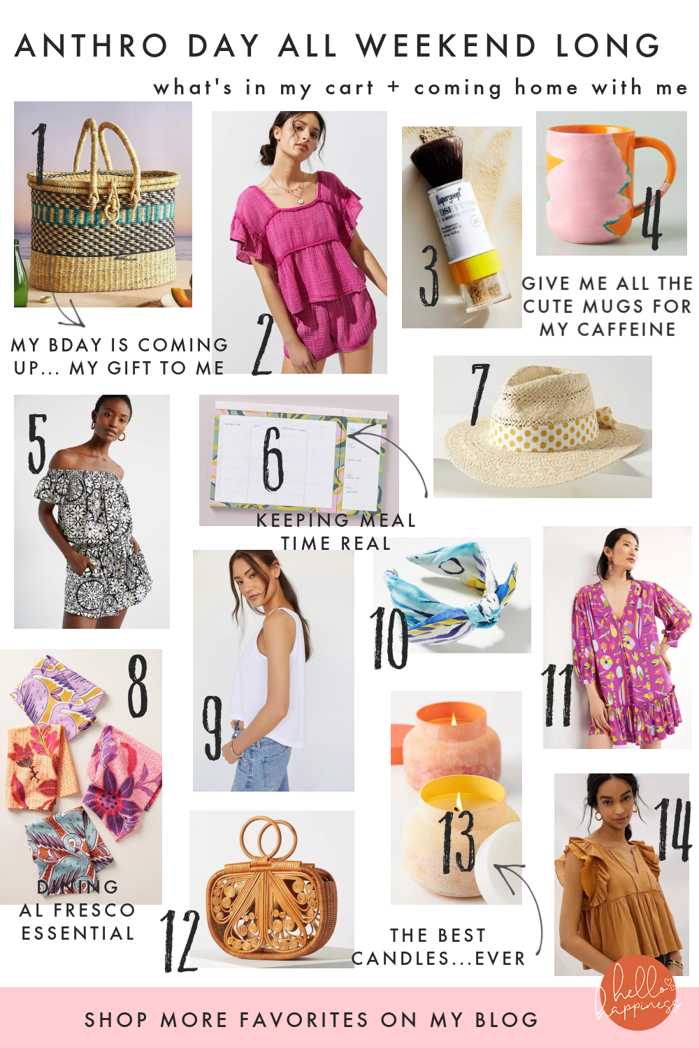 Anthropologie Sale by popular Nashville life and style blog, Hello Happiness: collage image of an Anthropologie Greensward picnic basket, Gauze top and short set, Supergoop mineral powder sunscreen, soul of colors mug, abstract short set, weekly meal planner, polka dot fedora, macaria napkins, muscle tank, tropical bow headband, flora tunic dress, wicker ring handle clutch, capri sunrise candle, and caroline ruffled babydoll top. 