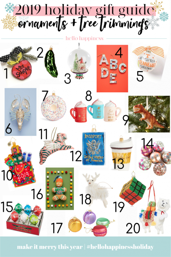 The 2019 Holiday Gift Guides... Home + Decor and All the Ornaments by popular Nashville life and style blog, Hello Happiness: collage image of various Christmas tree ornaments.