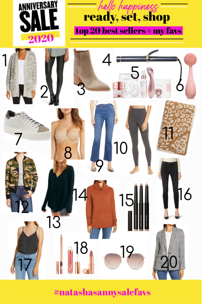 Nordstrom Anniversary Sale by popular Nashville fashion blog, Hello Happiness: collage image of a Nordstrom Barefoot Dreams  Barefoot Dreams CozyChic Leopard Cardigan, Nordstrom T3 Singlepass 1.25 Curling Iron, Nordstrom BeautyBio GLOPRO Microneedling Set, Nordstrom Spanx Faux Leather Leggings, Nordstrom Marc Fisher Oshay Pointed Toe Bootie, Nordstrom BeautyBio GLOPRO Microneedling Set, Nordstrom PMD Clean Facial Cleansing Device, Nordstrom P448 Thea Low Top Sneaker, Nordstrom Wacoal Red Carpet Strapless Bra, Nordstrom Madewell Cali High Waist Demi Boot Jean, Nordstrom Zella Live In High Waist Leggings, Nordstrom Barefoot Dreams In the Wild Throw Blanket, Nordstrom JCrew Camo Bomber Sweater Jacket, Nordstrom Free People Leo Henley Tee, Nordstrom Caslon Turtleneck Sweater, Nordstrom Laura Mercier Caviar Stick Eye Color Trio, Nordstrom Hudson Barbara Skinny Jeans, Nordstrom Halogen V-Neck Camisole, Nordstrom Charlotte Tilbury Pillow Talk Lip Secrets Set, Nordstrom Quay Australia Jezabell Aviator Sunglasses, and Nordstrom Halogen Glen Plaid Blazer.