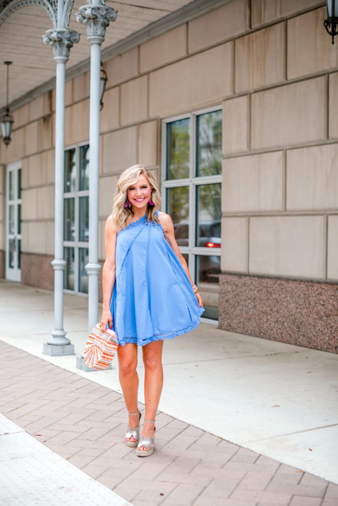 RewardStyle Conference featured by top US fashion blog Hello! Happiness; Image of a woman wearing Free People dress, Sirena wedges and J.Crew earrings.