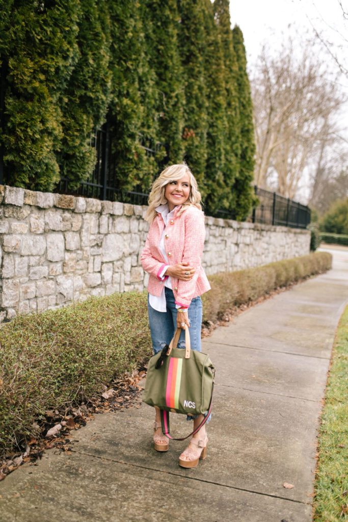 Sail to Sable by popular Nashville fashion blog, Hello Happiness: image of a woman wearing a Sail to Sable SHORT BUTTON UP JACKET, J. Crew Classic-fit boy shirt in cotton poplin, Social Threads Just Black Distressed Crop Kick Flare, Saks Fifth Avenue See by Chloé Krysty Floral Laser-Cut Suede Platform Sandals, Bagging Rights TOTE-ALLY Bag, and The Accessory Scout HAPPY DANCE EARRINGS. 