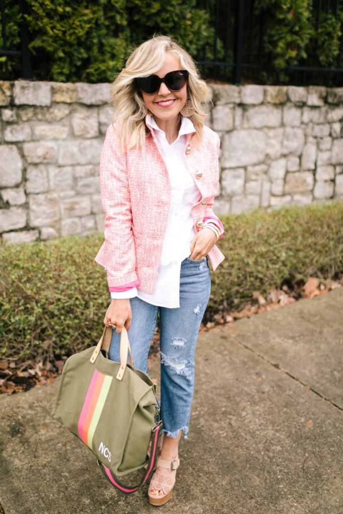 Sail to Sable by popular Nashville fashion blog, Hello Happiness: image of a woman wearing a Sail to Sable SHORT BUTTON UP JACKET, J. Crew Classic-fit boy shirt in cotton poplin, Social Threads Just Black Distressed Crop Kick Flare, Saks Fifth Avenue See by Chloé Krysty Floral Laser-Cut Suede Platform Sandals, Bagging Rights TOTE-ALLY Bag, and The Accessory Scout HAPPY DANCE EARRINGS. 