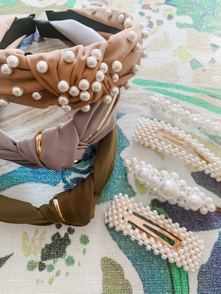 My Current Amazon Favorites by popular Nashville fashion blog, Hello Happiness: image of AIEX 2 Pearl Hair Clips, lightclub Colorful Candy Color Summer Wide Band Velvet Sweet Women Faux Pearl Beading Twist Knotted Mesh Hair Hoop Headband, and Howley Cute Women's Striped Color Rims in The Middle Knot Knotted Wide-Brimmed Headband Korean Hair Accessories.