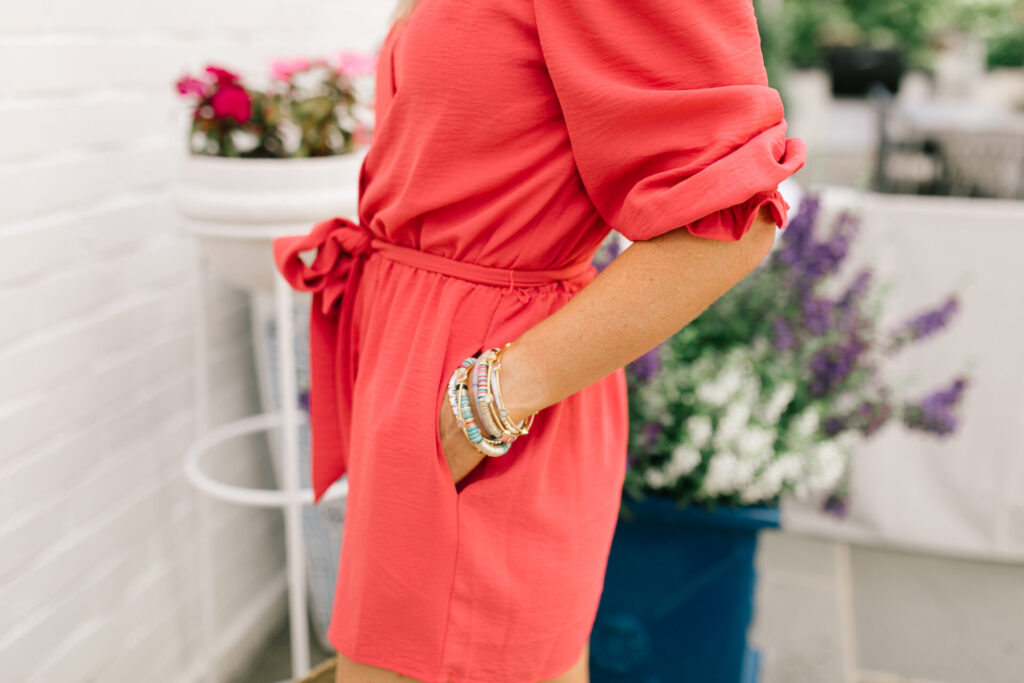 Gibson Look Road Trip by popular Nashville fashion blog, Hello Happiness: image of Natasha Stoneking wearing a Gibson Look Gibsonlook x Hello Happiness Off the Shoulder Tie Waist Romper.