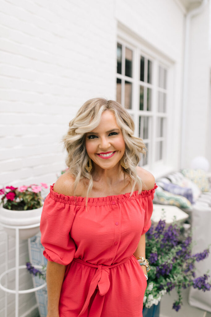 Gibson Look Road Trip by popular Nashville fashion blog, Hello Happiness: image of Natasha Stoneking wearing a Gibson Look Gibsonlook x Hello Happiness Off the Shoulder Tie Waist Romper, Hat Attack Freedom Tote, Sole Society AUDRINA FLATFORM ESPADRILLE, and Lisi Lerch MARY gold earrings.