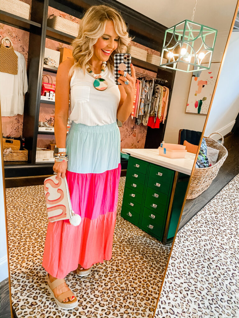 Gibson x Hi Sugarplum by popular Nashville fashion blog, Hello Happiness: image of a woman wearing a gibson x Hi Sugarplum Paradise Tiered Maxi Skirt. 