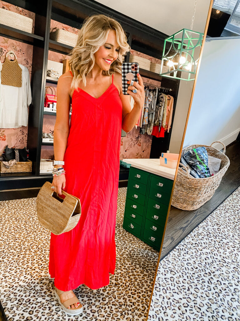 Gibson x Hi Sugarplum by popular Nashville fashion blog, Hello Happiness: image of a woman wearing a gibson x Hi Sugarplum Cabana Strappy maxi, flat form wedge sandals and a half moon purse. 