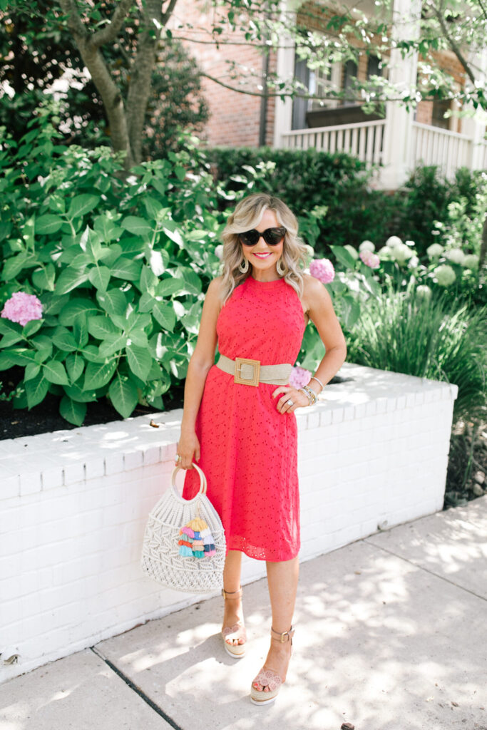 Gibson Look Road Trip by popular Nashville fashion blog, Hello Happiness: image of Natasha Stoneking wearing a Gibsonlook x DTKAustin Fit and Flare Belted Halter Eyelet Dress, YUCFOREN Women Skinny Dress Belt, Hat Attack Cotton Cord Bag, Amazon LITOON Tassel Pom Pom Key Chain Colorful Boho Charm Key Ring, ShopBop See by Chloe Glyn Wedge Espadrilles, and Amazon GOGNGTR Handmade Raffia Earrings.  