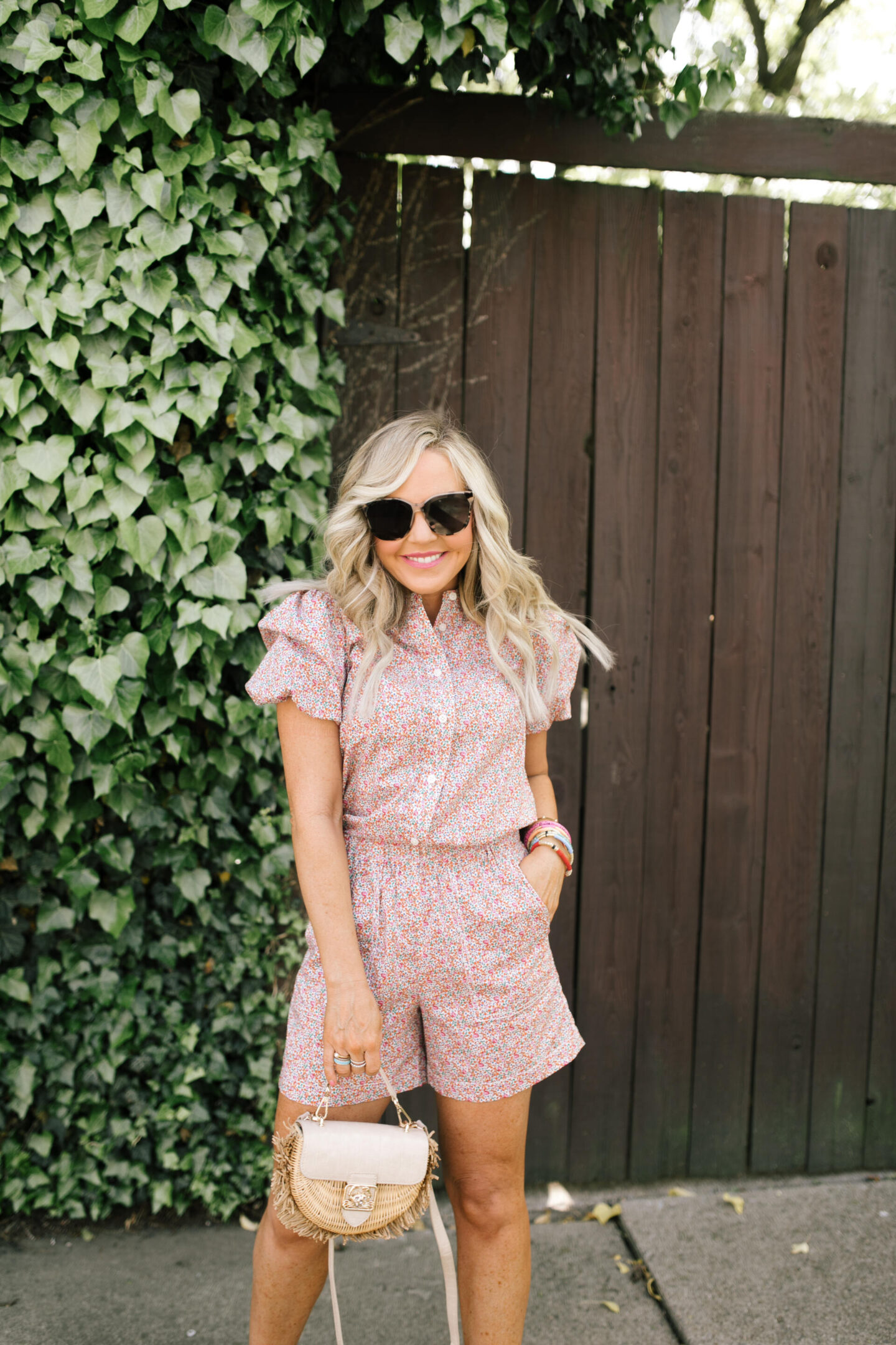 J Crew Clothing by popular Nashville fashion blog, Hello Happiness: image of a woman wearing a J Crew classic fit short sleeve blouse and pull-on camp shorts in Eloise liberty of London print. 