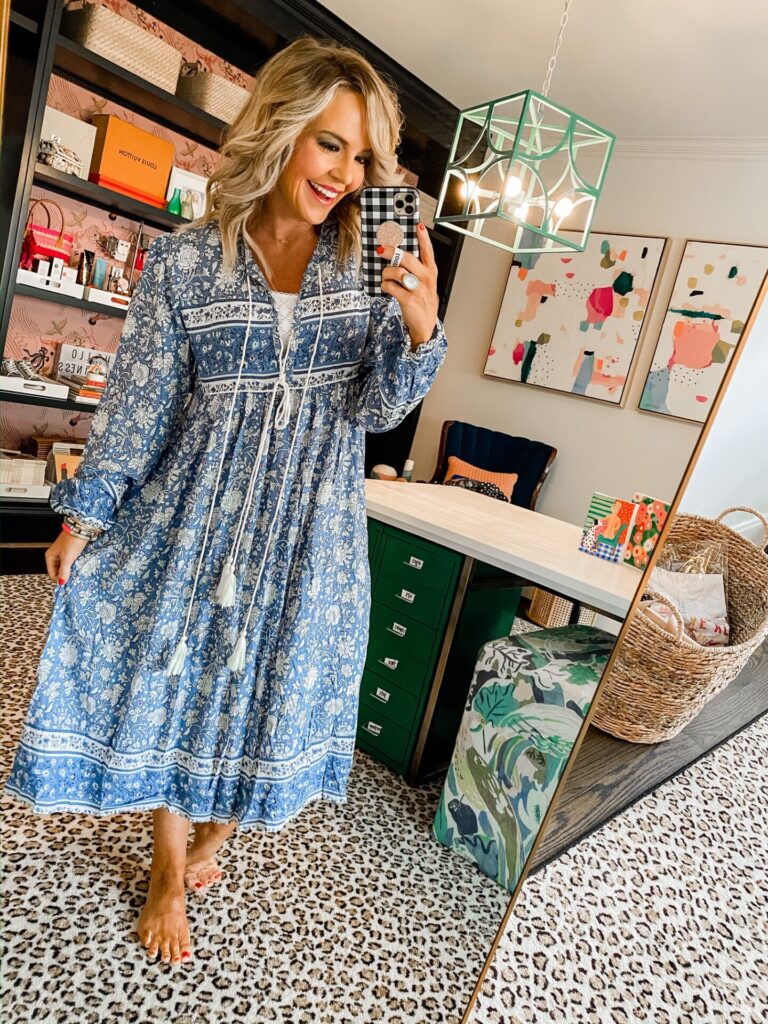 Amazon Favorites by popular Nasvhille life and style blog, Hello Happiness: image of Natasha Stoneking wearing a Amazon R.Vivimos Women's Long Sleeve Floral Print Retro V Neck Tassel Bohemian Midi Dress. 
