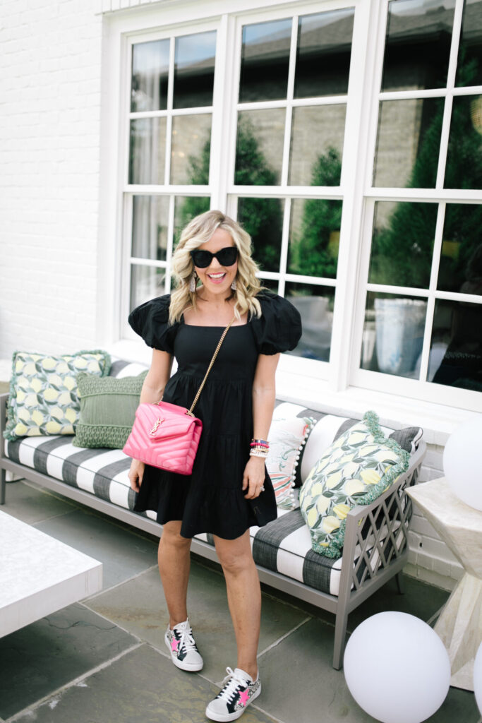 Pink Bags by popular Nashville fashion blog, Hello Happiness: image of Natasha Stoneking wearing a black puff sleeve dress, black sunglasses, Steve Madden RUBIE NATURAL MULTI, and holding a Yves Saint Laurent LOULOU SMALL IN MATELASSÉ “Y” LEATHER.