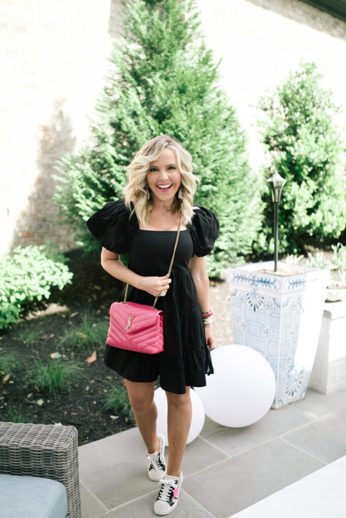 Pink Bags by popular Nashville fashion blog, Hello Happiness: image of Natasha Stoneking wearing a black puff sleeve dress, black sunglasses, Steve Madden RUBIE NATURAL MULTI, and holding a Yves Saint Laurent LOULOU SMALL IN MATELASSÉ “Y” LEATHER.