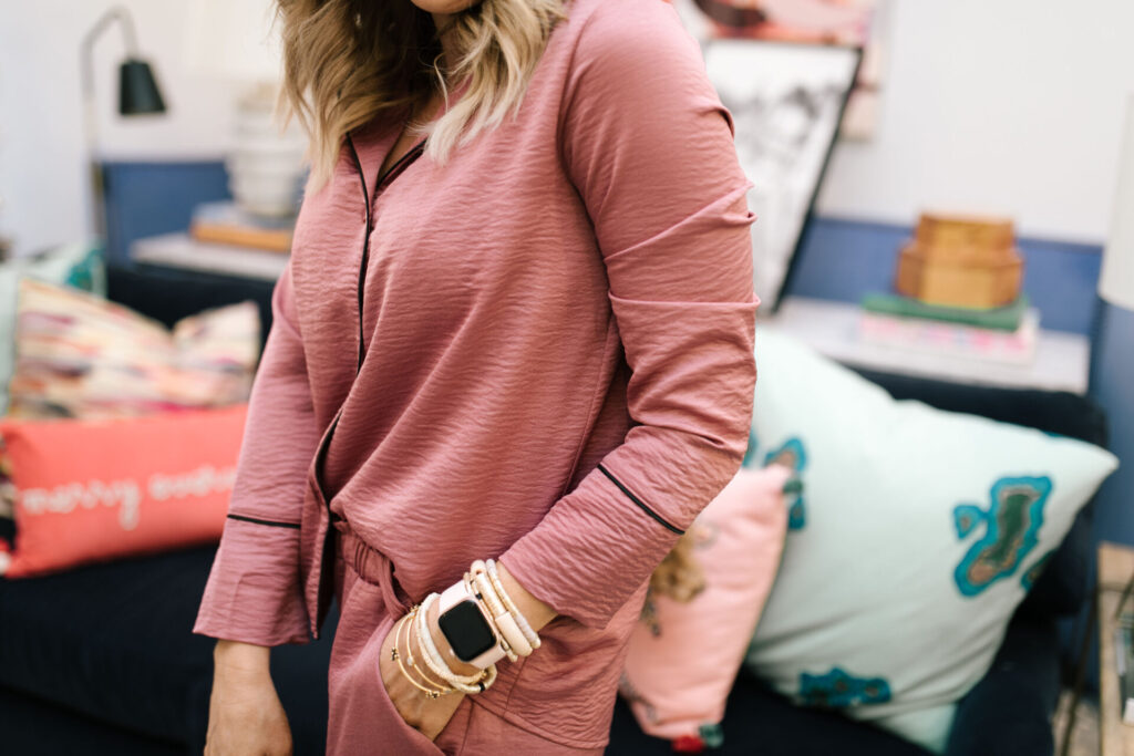 Holiday Collection by popular Nashville fashion blog, Hello Happiness: image of Natasha Stoneking wearing a Gibson x Glam satin pajama set. 