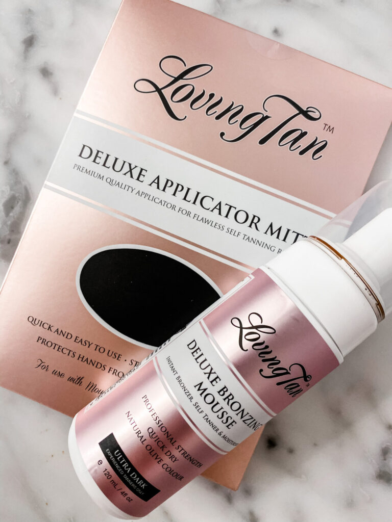Fake Tan by popular Nashville beauty blog, Hello Happiness: digital image of Loving Tan deluxe applicator mit and Loving Tan deluxe Bronzing Mousse. 