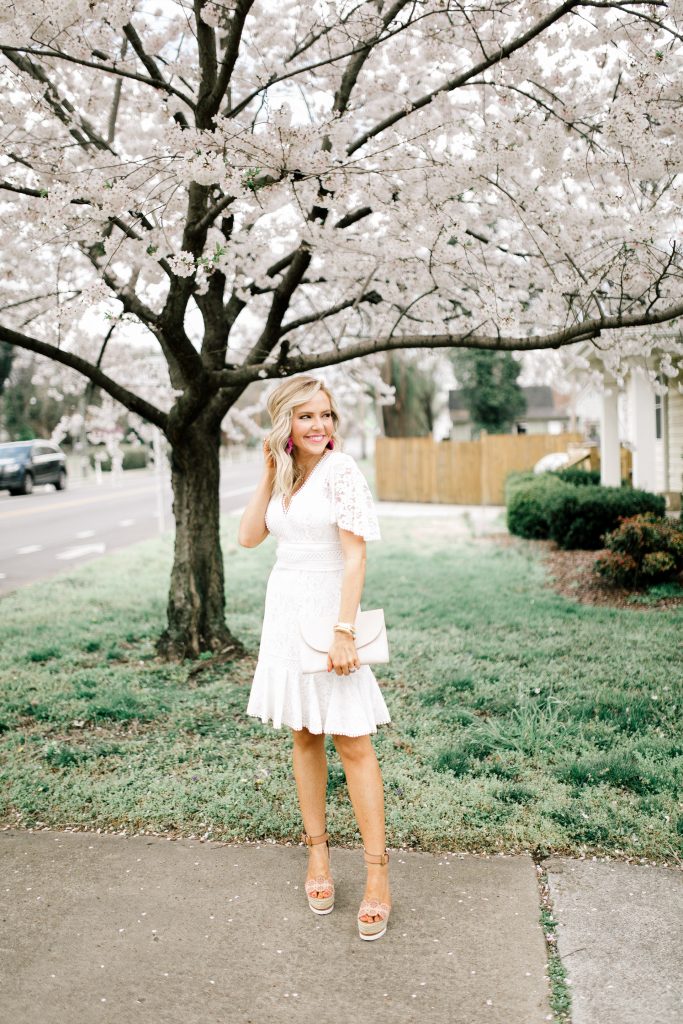eBay Fashion Jewelry featured by top US life and style blog Hello! Happiness; Image of a woman wearing Eliza J white lace dress, New Julie Vos Penelope ring and David Yurman bracelets.