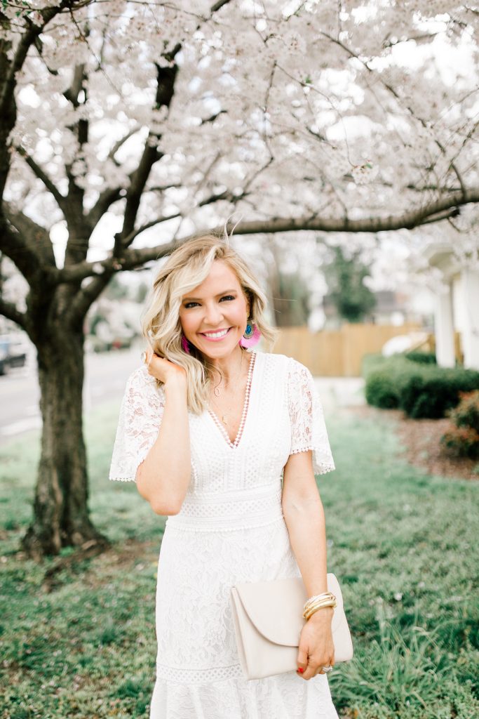 eBay Fashion Jewelry featured by top US life and style blog Hello! Happiness; Image of a woman wearing Eliza J white lace dress, New Julie Vos Penelope ring and David Yurman bracelets.