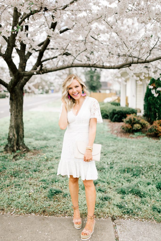 eBay Fashion Jewelry featured by top US life and style blog Hello! Happiness; Image of a woman wearing Eliza J white lace dress, New Julie Vos Penelope ring and David Yurman bracelets.