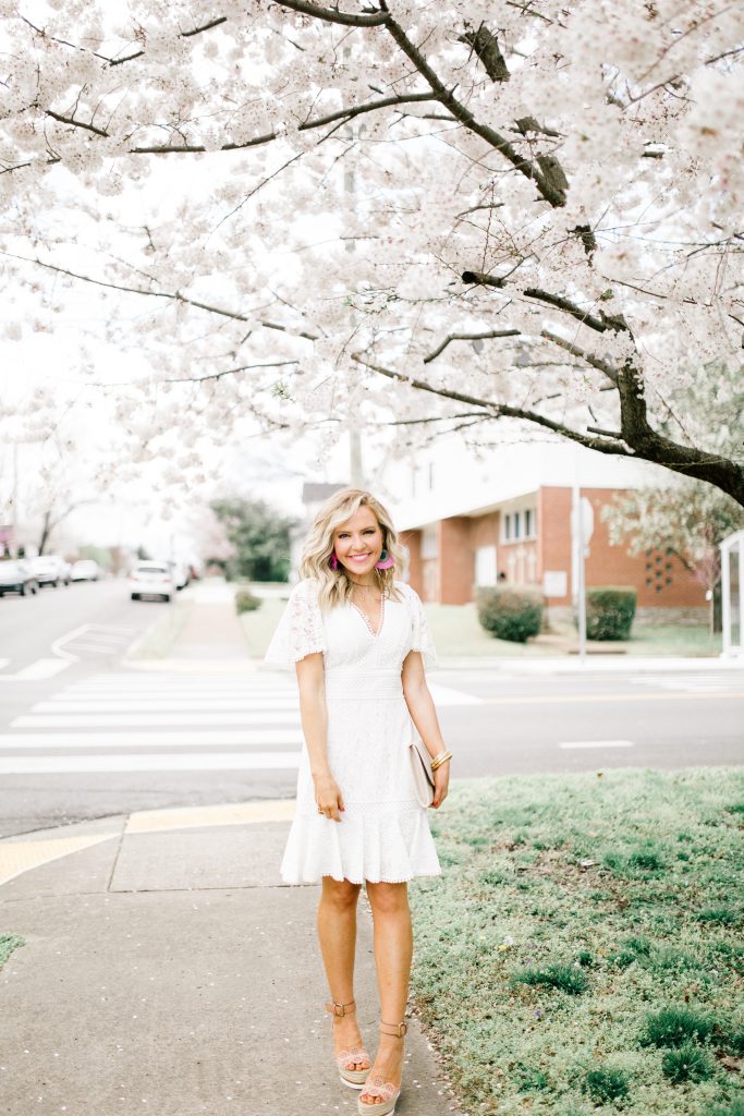 eBay Fashion Jewelry featured by top US life and style blog Hello! Happiness; Image of a woman wearing Eliza J white lace dress, New Julie Vos Penelope ring and David Yurman bracelets.