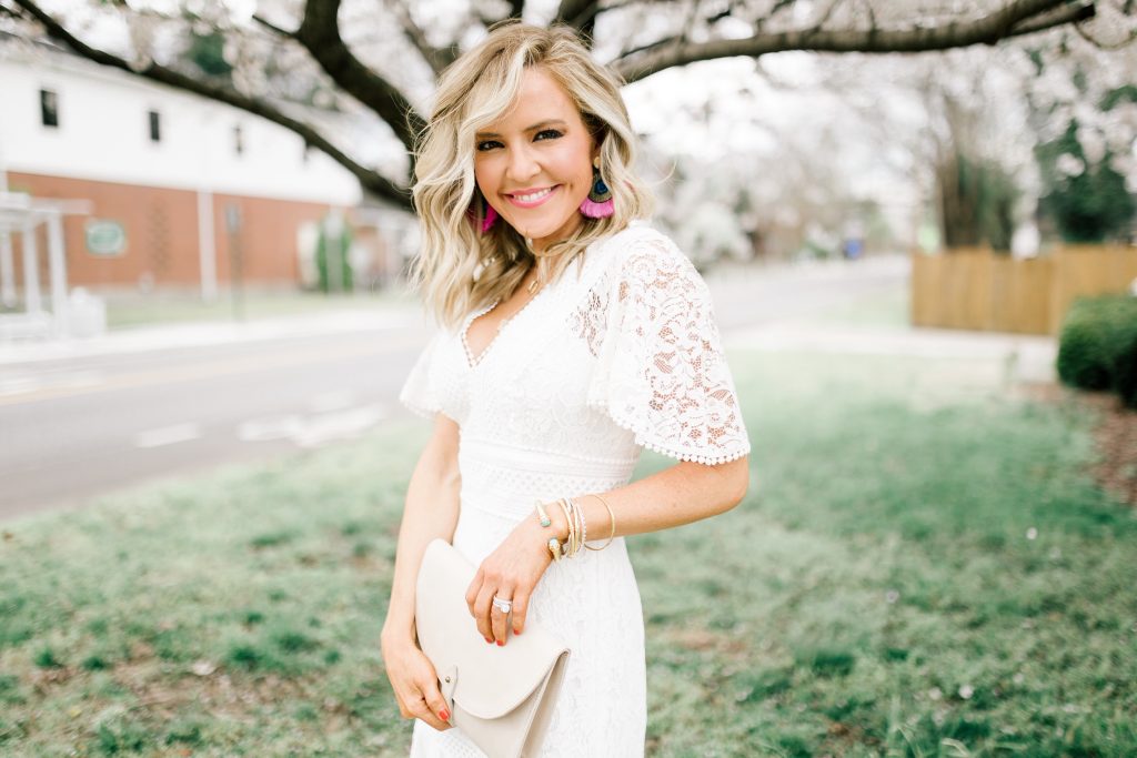 eBay Fashion Jewelry featured by top US life and style blog Hello! Happiness; Image of a woman wearing Eliza J white lace dress, New Julie Vos Penelope ring and David Yurman bracelets.