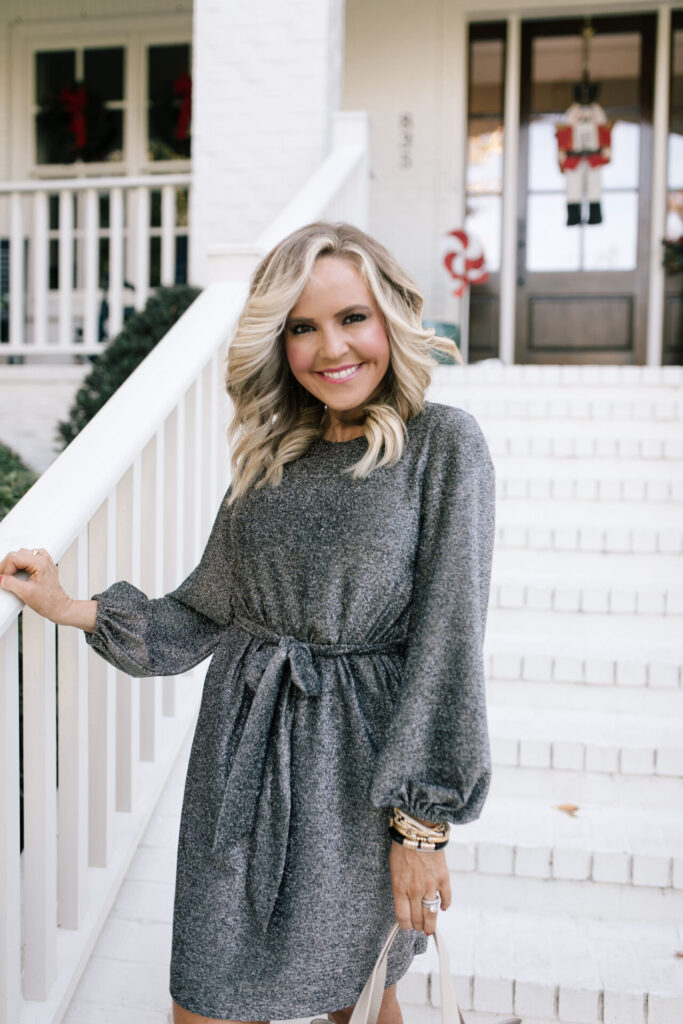 Holiday Collection by popular Nashville fashion blog, Hello Happiness: image of Natasha Stoneking wearing a Gibson x Glam Erin's Sparkle Knit Blouson Sleeve Dress. 