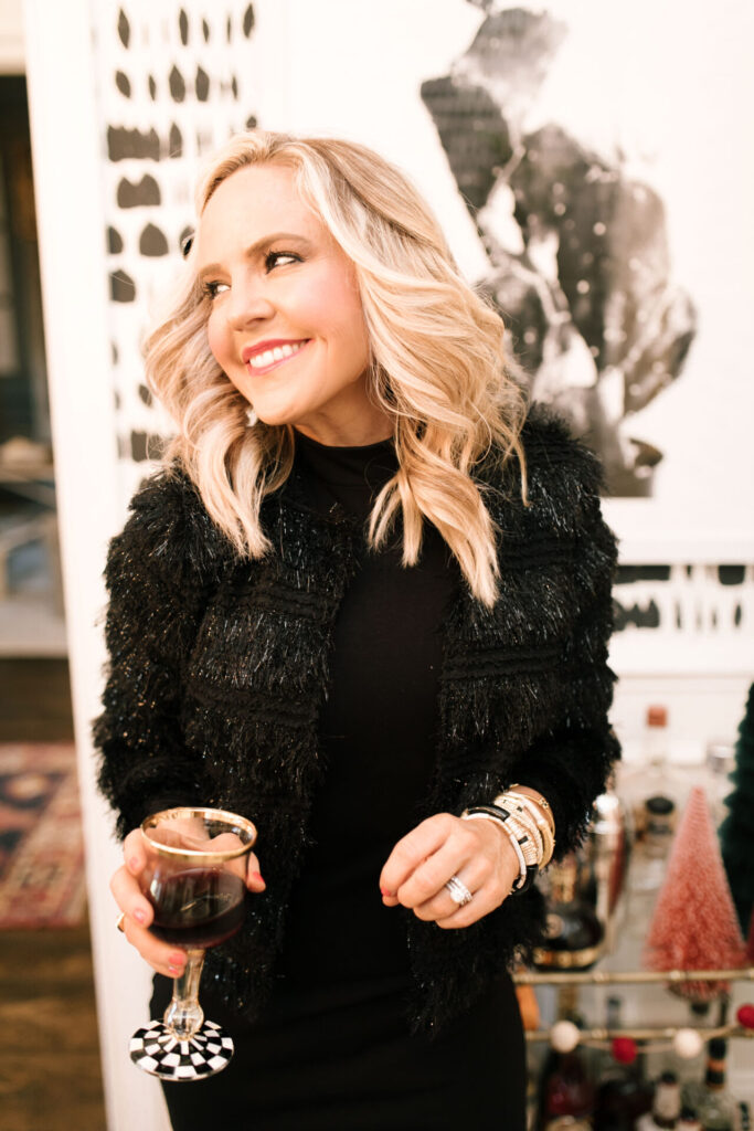 Cyber Monday Sale by popular Nashville life and style blog, Hello Happiness: image of Natasha Stoneking wearing a collarless eyelash jacket. 