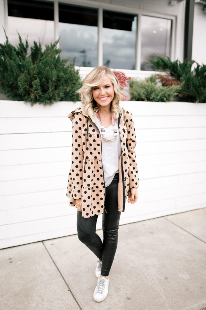 Cute Spring Shoes by popular Nashville fashion blog, Hello Happiness: image of a woman wearing a pair of Evereve P448 Glitter Sneakers, Anthropologie Maybell Maybelle Tiered Coat, Buckle Z Supply The Star Print V-Neck T-Shirt, Etsy Kristin Fast Limited Animal Print Necklace- Leather Strap Necklace, and Spanx quilted faux leather quilted leggings. 