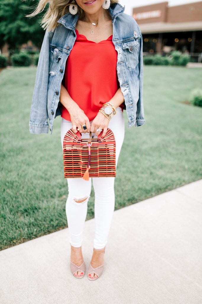 Vince Camuto Accessories featured by top US fashion blog Hello! Happiness; Image of a woman wearing Evereve top, white denim, Vince Camuto shoes and a Vince Camuto purse.