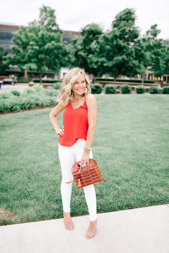 Vince Camuto Accessories featured by top US fashion blog Hello! Happiness; Image of a woman wearing Evereve top, white denim, Vince Camuto shoes and a Vince Camuto purse.