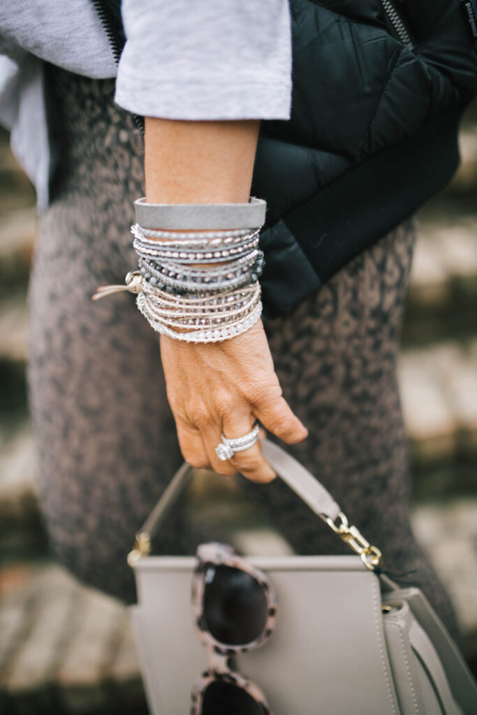 Victoria Emerson Sale by popular Nashville fashion blog, Hello Happiness: image of a woman wearing a Victoria Emerson Girona Cuff and Emerald Cut Gray Dorado 