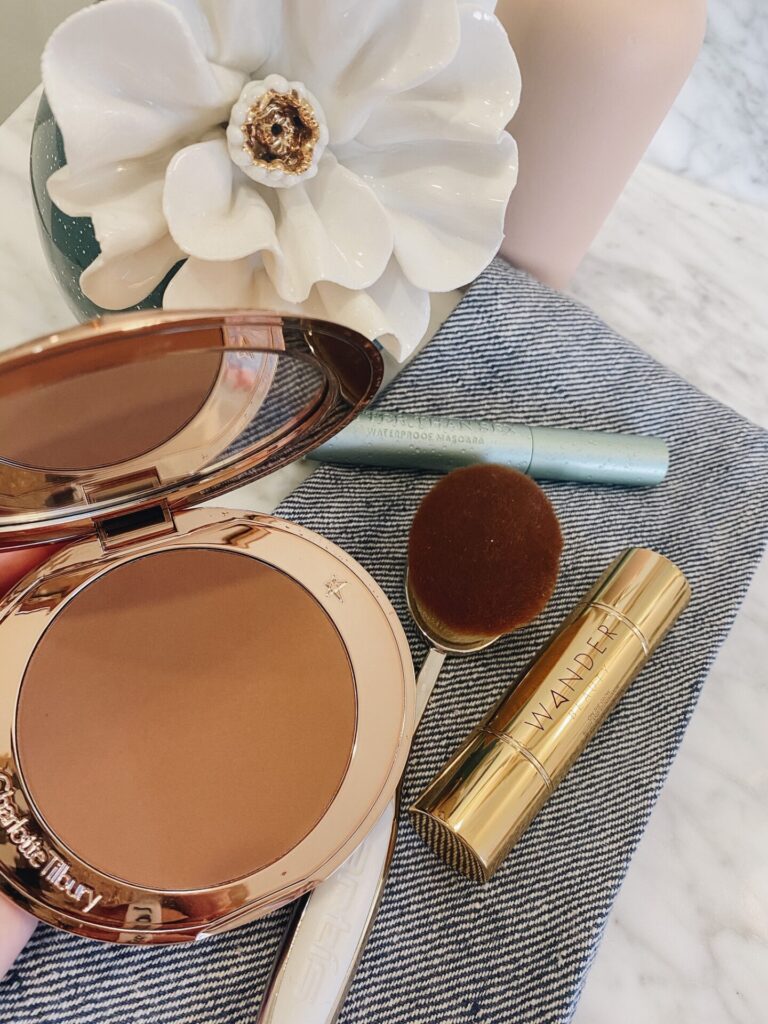 Summer Beauty by popular Nordstrom beauty blog, Hello Happiness: image of a Nordstrom Airbrush Flawless Finish Bronzing Powder CHARLOTTE TILBURY, Nordstrom Elite Oval 8 Brush ARTIS, Nordstrom Addict Stellar Shine Lipstick DIOR, Nordstrom Vanish™ Seamless Finish Foundation Stick HOURGLASS, and Nordstrom Better Than Sex Waterproof Mascara TOO FACED.
