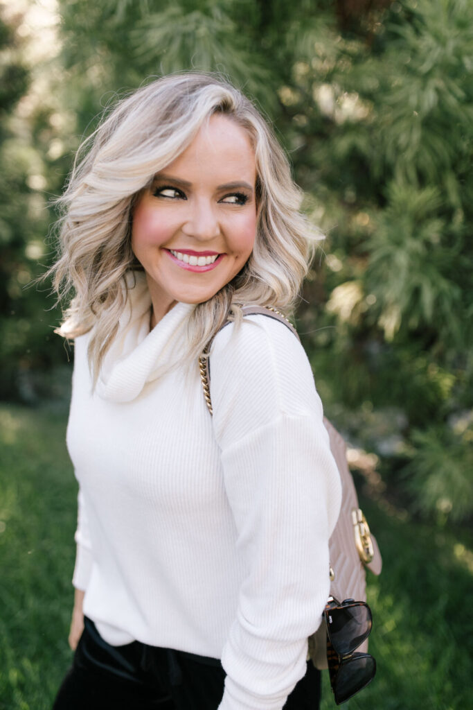 Holiday Collection by popular Nashville fashion blog, Hello Happiness: image of Natasha Stoneking wearing a Gibson x Glam ribbed turtleneck sweater.