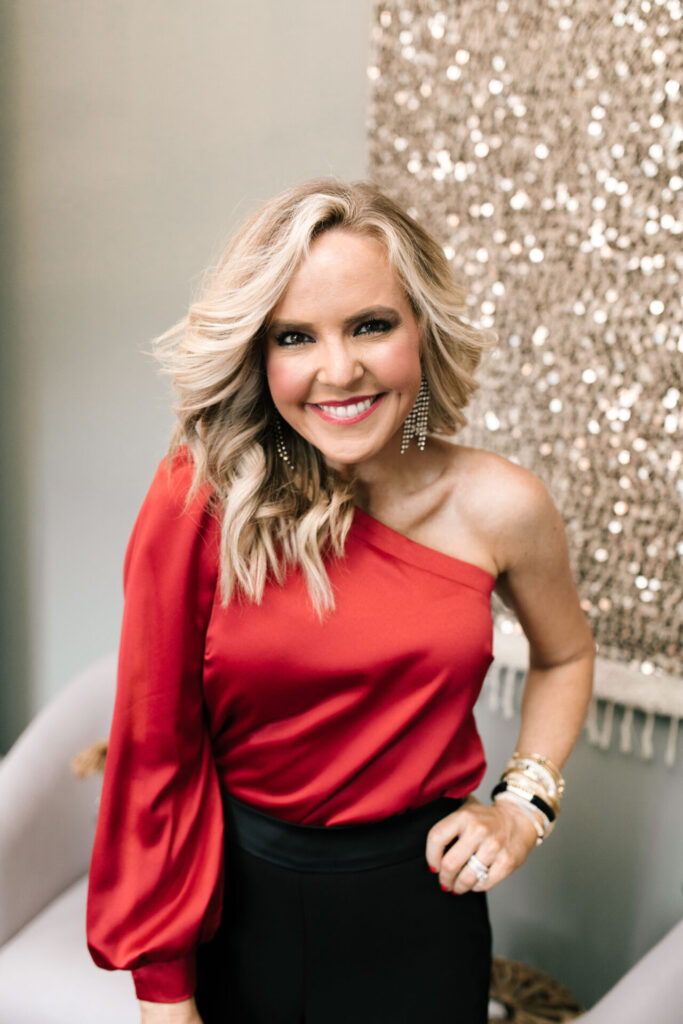 Holiday Collection by popular Nashville fashion blog, Hello Happiness: image of Natasha Stoneking wearing a Gibson x Glam one shoulder satin top and wide leg satin pants.   