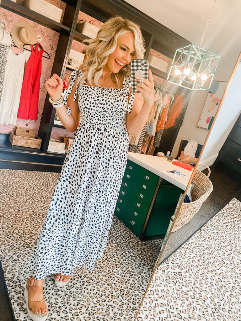 Amazon Favorites by popular Nashville fashion blog, Hello Happiness: image of Natasha Stoneking wearing a R.Vivimos Women's Summer Straps Cotton Irregular Polka Dot Ruffles Midi Dress.
