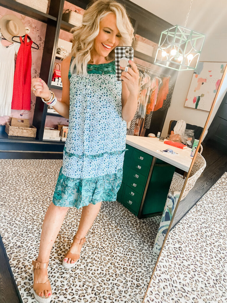 Amazon Favorites by popular Nashville fashion blog, Hello Happiness: image of Natasha Stoneking wearing a Amazon green patterned tank dress. 