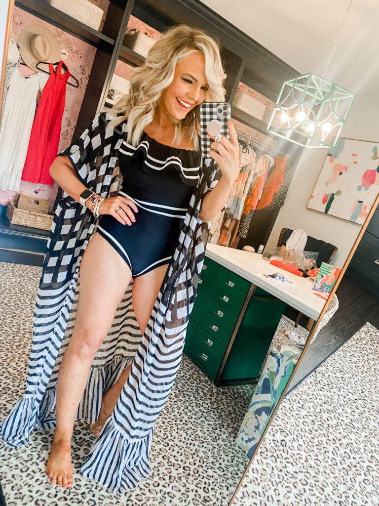 Amazon Favorites by popular Nashville fashion blog, Hello Happiness: image of Natasha Stoneking wearing a Amazon Wander Agio Womens Bikini Cover Ups Beach Casual Dress Coverup Swimsuits Long Cardigan Buttons Chiffon and Amazon Elegant Taste Women One Piece Nave Vintage Swimsuits One Shoulder Ruched Flounce High Waisted Swimwear Nautical Monokini. 