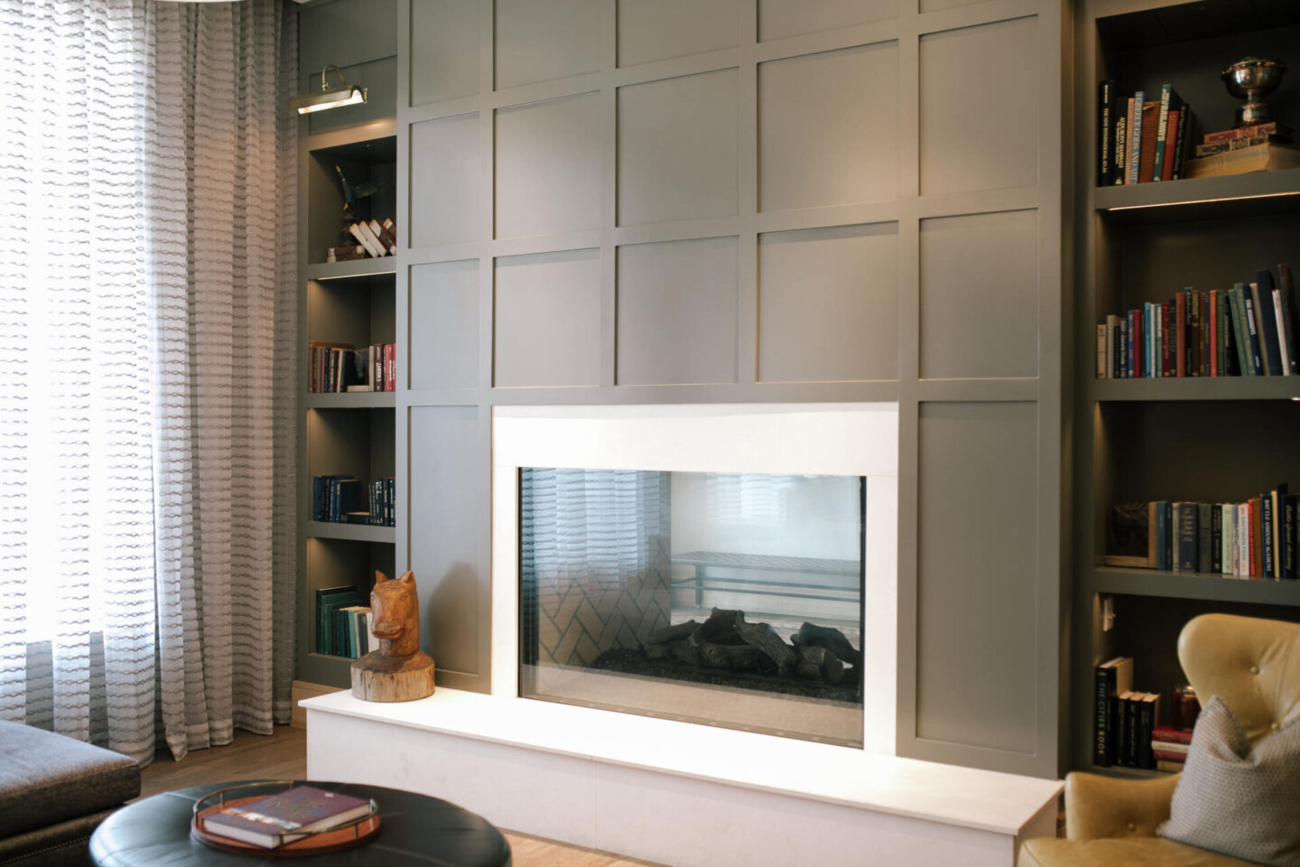 Harpeth Hotel by popular Nashville travel blog, Hello Happiness: image of a black fireplace at the Harpeth Hotel. 