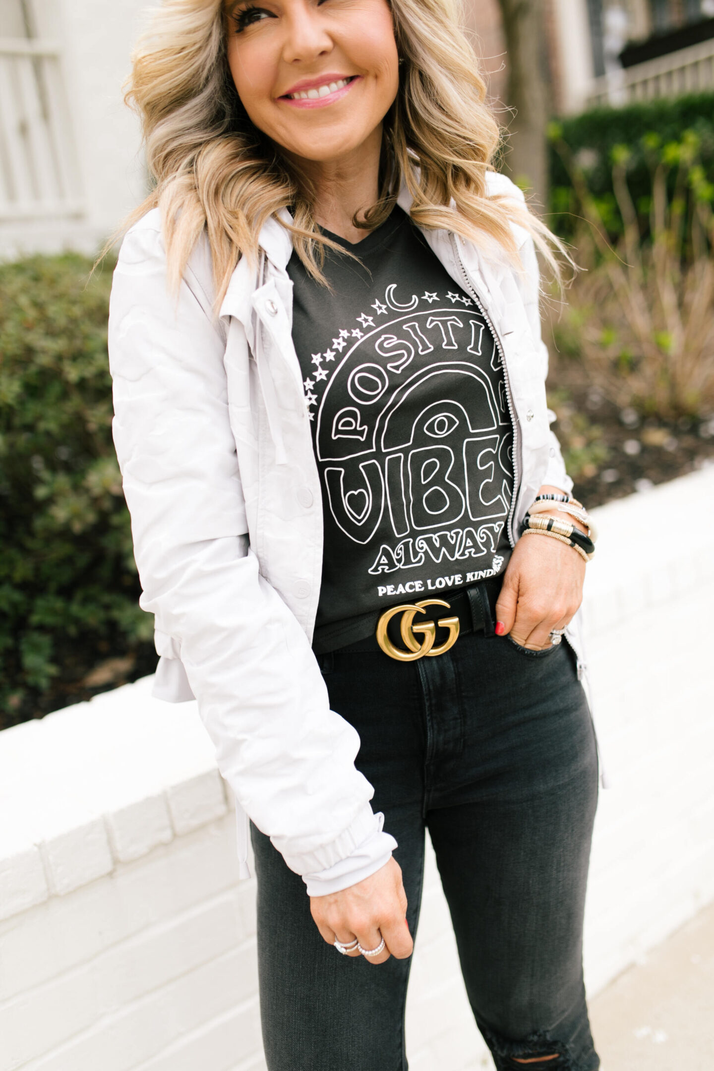 4th of July Deals by popular Nashville life and style blog, Hello Happiness: image of Natasha Stoneking wearing a Evereve positive vibes tank. 