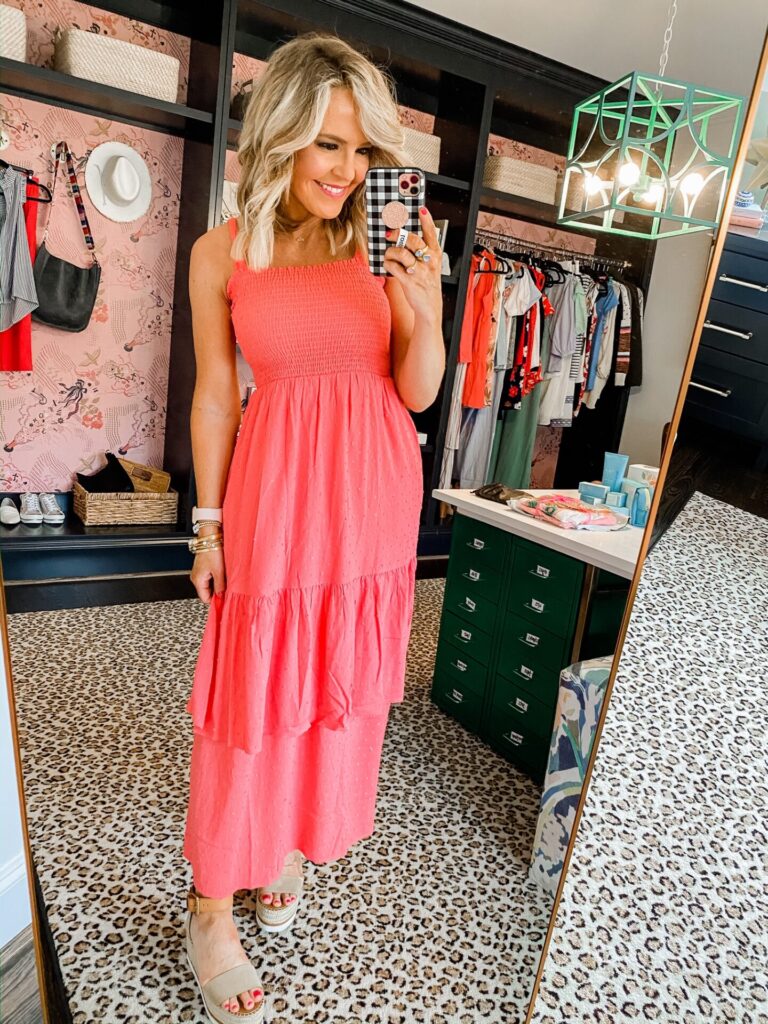 Gibson and the Motherchic Sunshine Collection by popular Nashville fashion blog, Hello Happiness: image of a woman wearing a Gibson and the Motherchic Sunshine Collection Laguna Smocked Dress and Platform Espadrilles