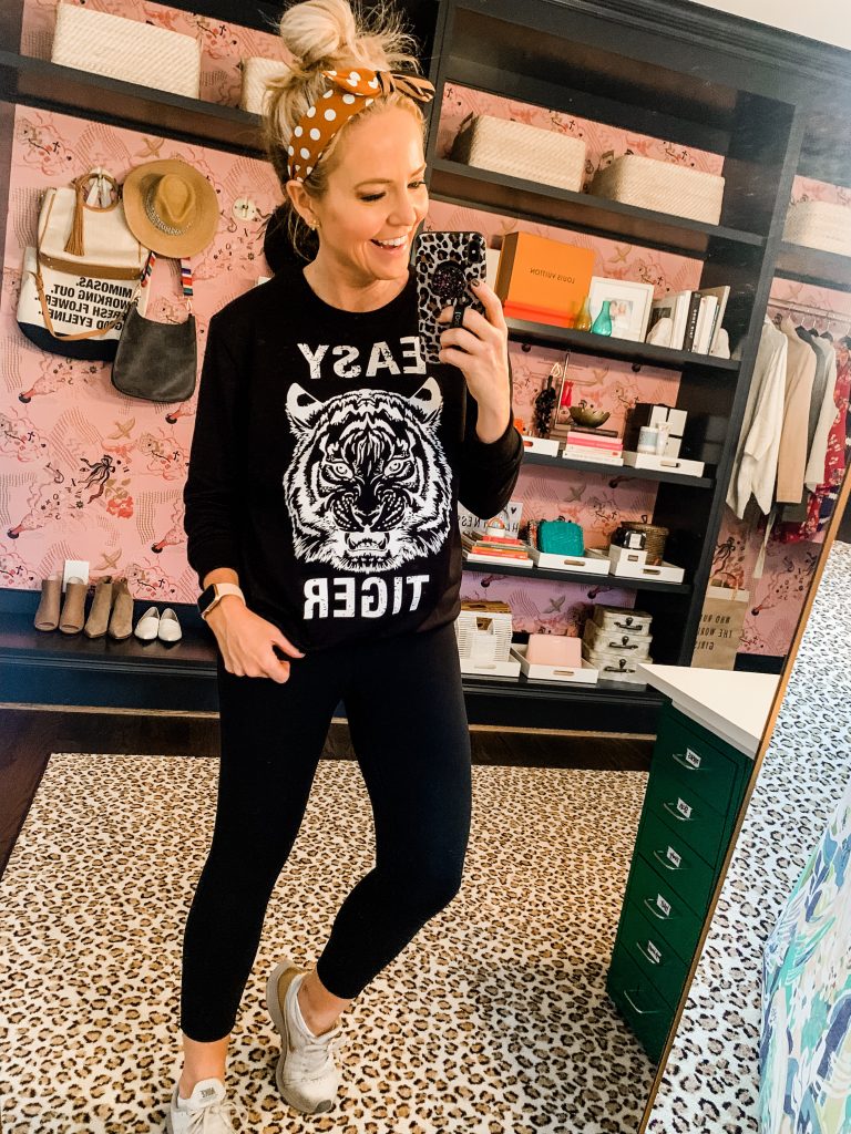 Natasha's Amazon Favorites... October Edition by popular fashion blog, Hello Happiness: image of a Amazon easy tiger sweatshirt, yoga crops, and polka dot / stripe headband. 