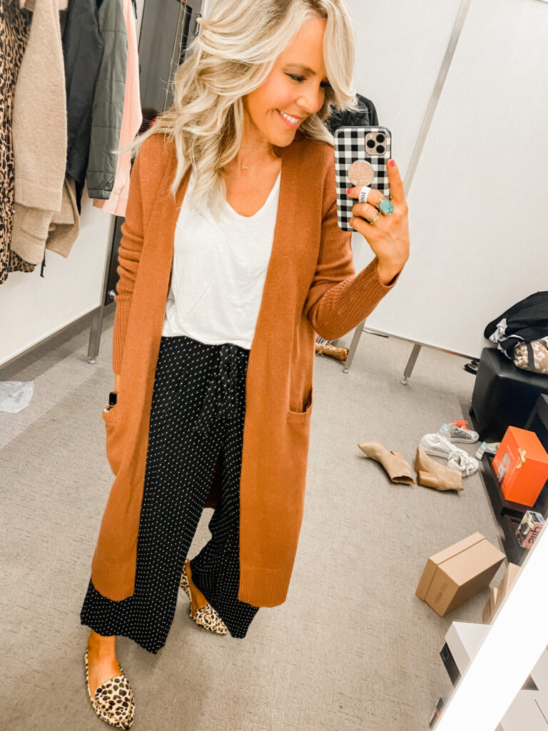 Nordstrom Anniversary Sale by popular Nashville fashion blog, Hello Happiness: image of Natasha Stoneking wearing a Nordstrom Wide Leg Crop Pants HALOGEN® and Nordstrom Open Front Pocket Cardigan HALOGEN®.