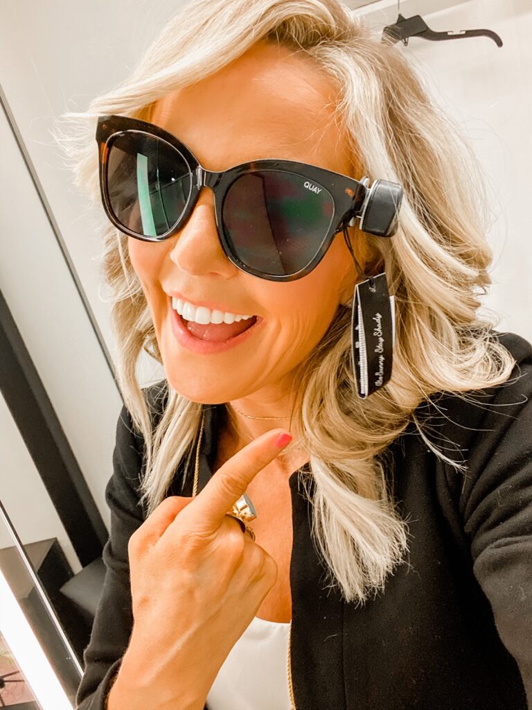 Nordstrom Anniversary Sale by popular Nashville fashion blog, Hello Happiness: image of Natasha Stoneking wearing a pair of Nordstrom It's My Way 55mm Cat Eye Sunglasses QUAY AUSTRALIA.