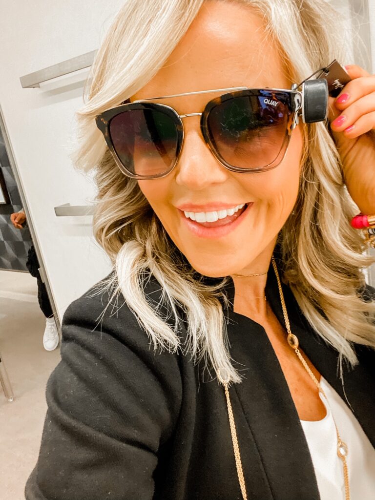 Nordstrom Anniversary Sale by popular Nashville fashion blog, Hello Happiness: image of Natasha Stoneking wearing a pair of Nordstrom Sweet Dreams QUAY AUSTRALIA sunglasses. 