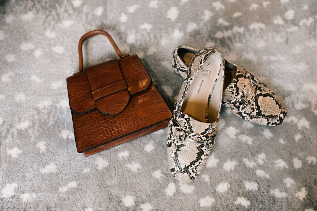 Fall Wardrobe by popular Nashville fashion blog, Hello Happiness: image of a Walmart Time and Tru Bit Loafer and aWalmart Scoop Women's Faux Croco Top Handle Mini Crossbody Bag. 