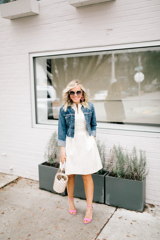 Hip Hip Hooray... The Lilly After Party Sale is Here! by popular Nashville fashion blog, Hello Happiness: image of a woman wearing a Lilly Pulitzer FRANCI HIGH COLLAR DRESS, Amazon Miuco Women Nets Bucket Handbags Straw Tote Bag Purses, Able MARGARIT RAW EDGE JACKET, Sam Edelman Women's Yaro Ankle Strap Block Heel Sandals, and Julie Vos Savannah Statement Ring.