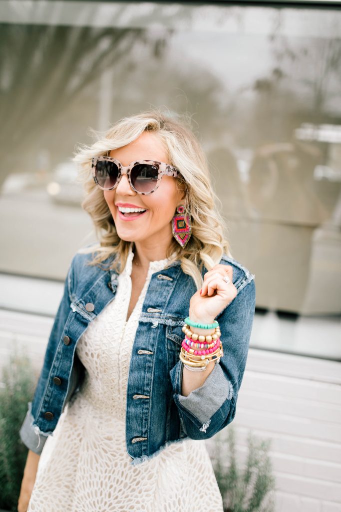 Hip Hip Hooray... The Lilly After Party Sale is Here! by popular Nashville fashion blog, Hello Happiness: image of a woman wearing a Lilly Pulitzer FRANCI HIGH COLLAR DRESS, Amazon Miuco Women Nets Bucket Handbags Straw Tote Bag Purses, Able MARGARIT RAW EDGE JACKET, Sam Edelman Women's Yaro Ankle Strap Block Heel Sandals, and Julie Vos Savannah Statement Ring.