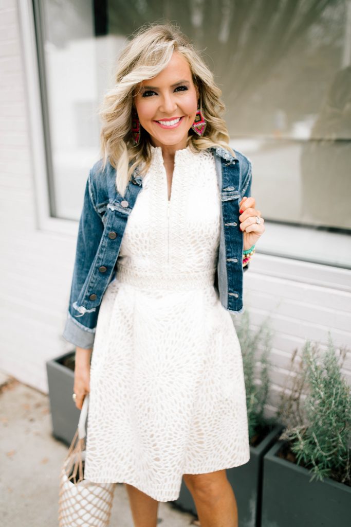 Hip Hip Hooray... The Lilly After Party Sale is Here! by popular Nashville fashion blog, Hello Happiness: image of a woman wearing a Lilly Pulitzer FRANCI HIGH COLLAR DRESS, Amazon Miuco Women Nets Bucket Handbags Straw Tote Bag Purses, Able MARGARIT RAW EDGE JACKET, Sam Edelman Women's Yaro Ankle Strap Block Heel Sandals, and Julie Vos Savannah Statement Ring.