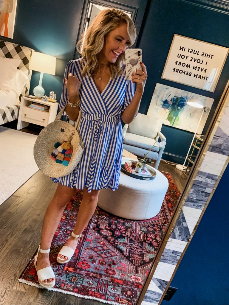 Amazon Favorites featured by top US fashion blog Hello! Happiness; Image of a woman wearing wrap dress from Amazon.