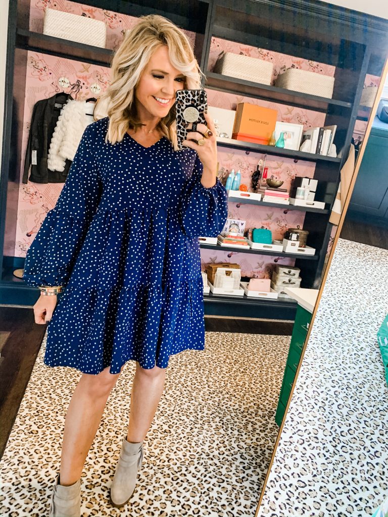 Natasha's Amazon Favorites... October Edition by popular fashion blog, Hello Happiness: image of a Amazon Navy flowy polka dot shift dress. 