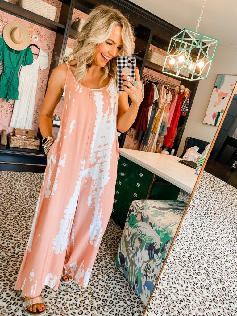 Amazon Favorites by popular Nashville life and style blog, Hello Happiness: image of a woman wearing a Amazon tie dye jumpsuit. 