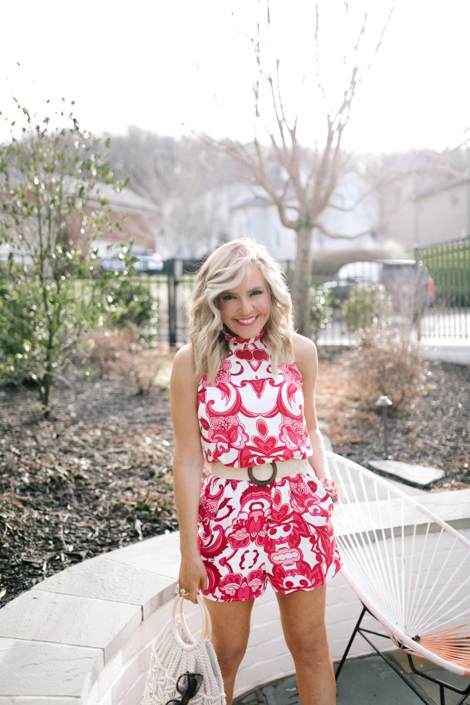 Let's Getaway... The Gibson Resort x Hi Sugarplum Collection is Here! by popular Nashville fashion blog, Hello Happiness: image of a woman wearing a Hi Sugarplum Capri Smocked Waist Romper, Amazon Fraumans Women's Fashion Round Wooden Buckle Braided Strap PP Straw Summer Elastic Stretch Dress Belt, ShopBop See by Chloe Glyn Wedge Espadrilles, Willa Ford Earrings, Victoria Emerson THE EVE STACK, Victoria Emerson SEQUIN DOUBLE WRAP ON PINK CHAMPAGNE, and ShopBop Hat Attack Cotton Cord Bag.